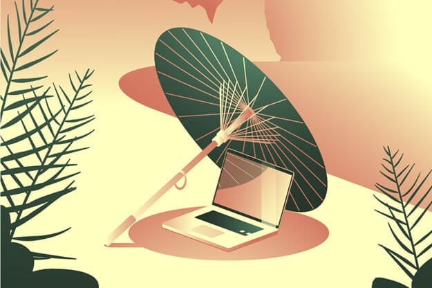 Illustration of a laptop under a paper parasol - Cookiebot