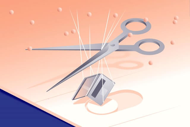 Illustration of laptop held up with strings that scissors are cutting through - Cookiebot