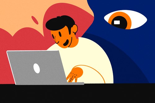 Illustration of person on a laptop with an eye looking over their shoulder - Cookiebot