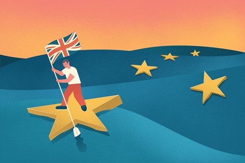 Illustration of a man holding the union jack flag - Cookiebot - Cookiebot