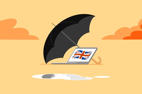 Illustration of a laptop with the union jack flag on the screen with an umbrella over it - Cookiebot