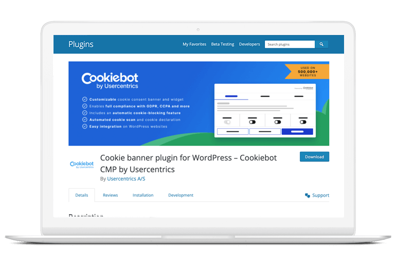 Cookie banner WordPress plugin on laptop - Cookiebot