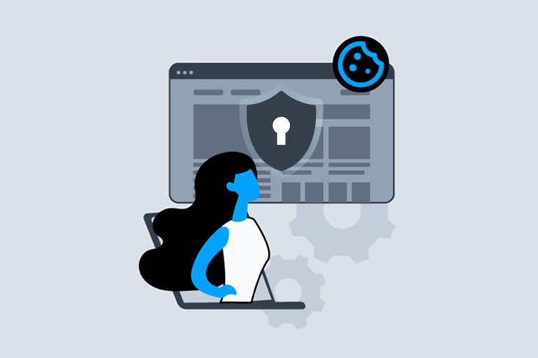 Ilustración de una maujer y un buscador con un icono de seguridad