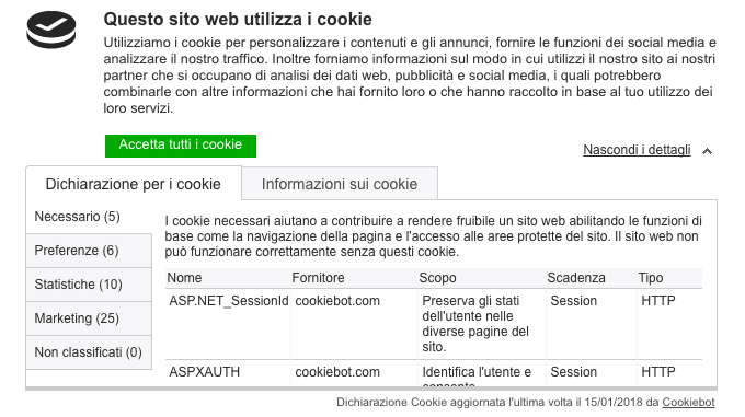 Il cookie banner di Cookiebot implementato in modo non conforme.