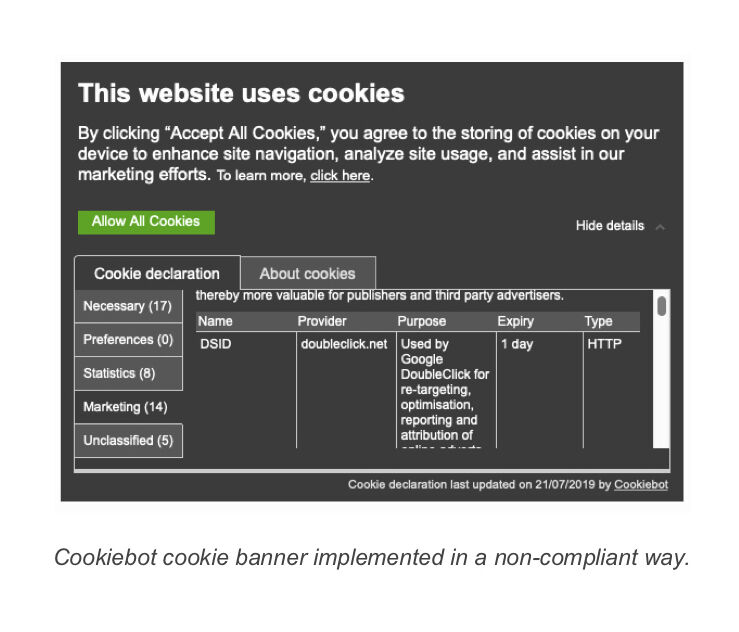 A Cookiebot cookie banner alternative to cookie disclaimers, implemented in a non-compliant way though.