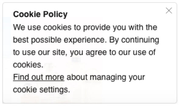 An illegal cookie disclaimer using the unlawful implied consent.
