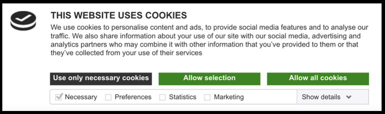 GDPR/ePR compliant cookie banners from Cookiebot