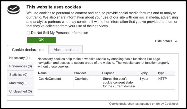Cookie banner screenshot from a website - Cookiebot