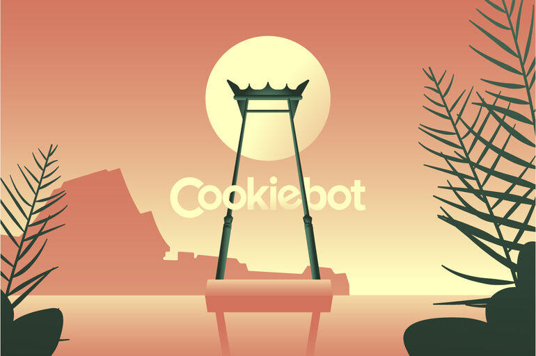 Cookiebot logo over a pagoda illustration - Cookiebot