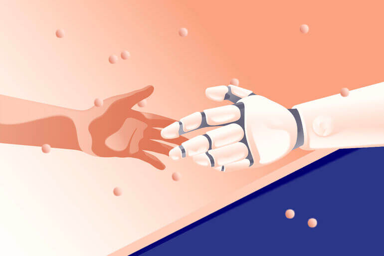 Illustration of a human hand & robot hand touching - Cookiebot