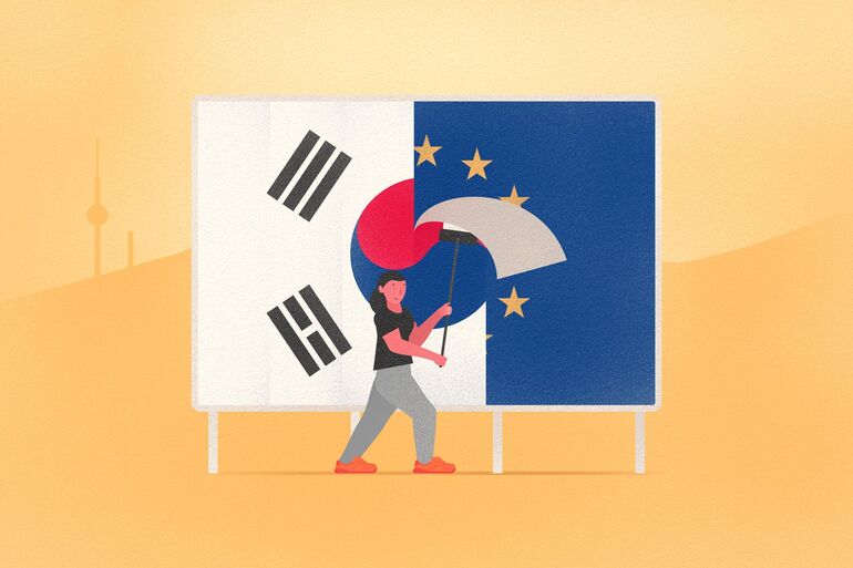 Illustration of a person pasting the South Korean flag on a billboard - Cookiebot