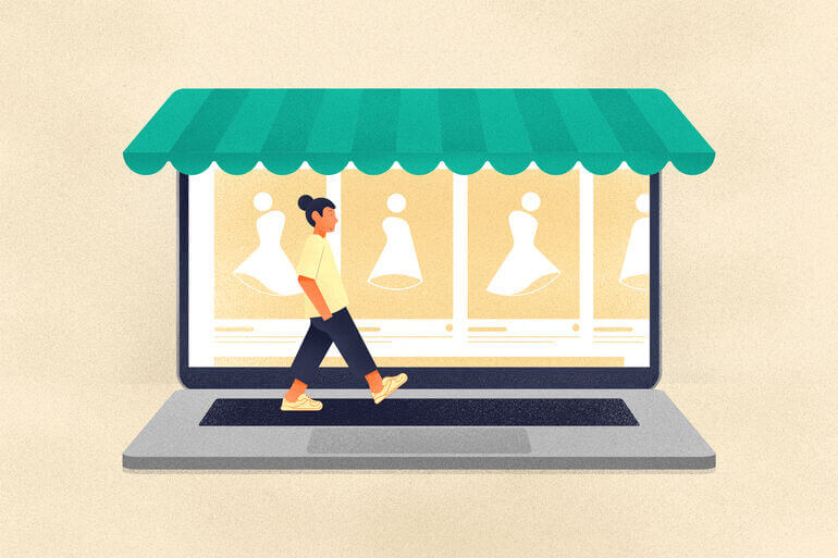Illustration of a person walking on a laptop with an e commerce website on the screen in the background - Cookiebot