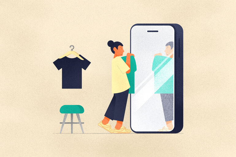 Illustration of a women trying on clothes looking into a phone mirror - Cookiebot
