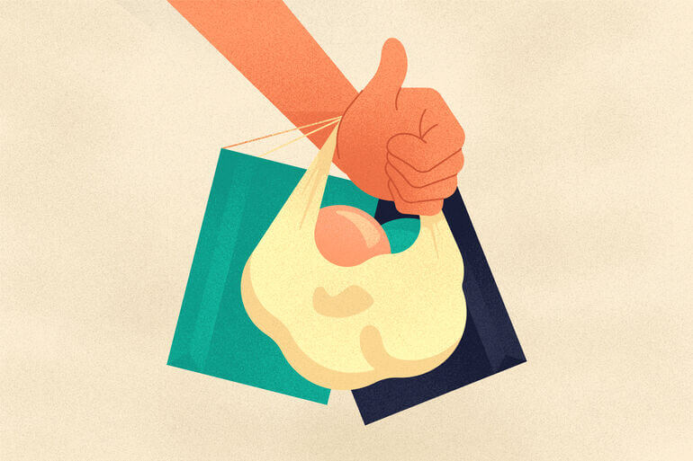 Illustration of a hand with a thumbs up holding shopping bags - Cookiebot