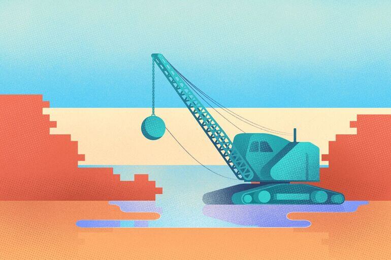 Illustration of a crane wrecking ball demolishing a brick wall - Cookiebot