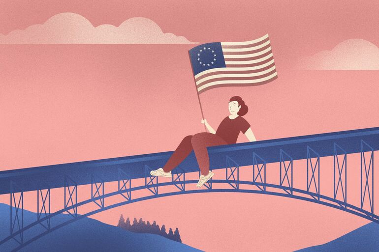 Illustration of a woman sitting and holding the US flag  - Cookiebot