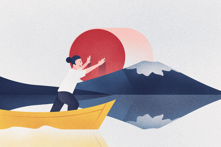 Illustration of a person standing in a boat pushing a toggle switch with a mountain in the background - Cookiebot