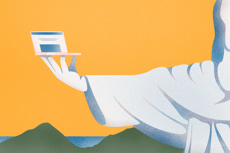 Illustration of Christ the Redeemer statue in Brazil holding a laptop - Cookiebot CMP