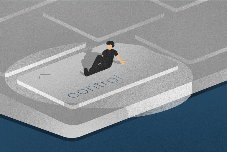 Illustration of person sitting on the control key of a keyboard - Cookiebot
