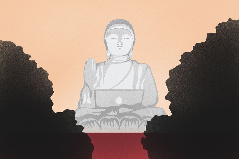 Illustration of Buddah with a laptop - Cookiebot