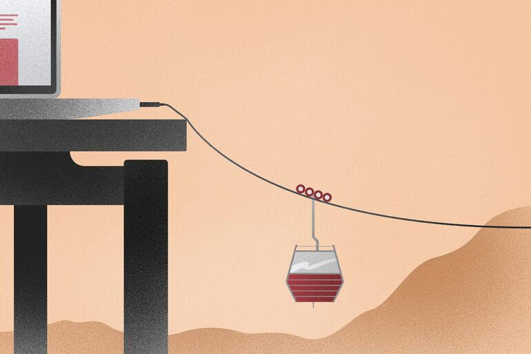 Illustration of USB cable plugged into a laptop with a cable car on the wire - Cookiebot
