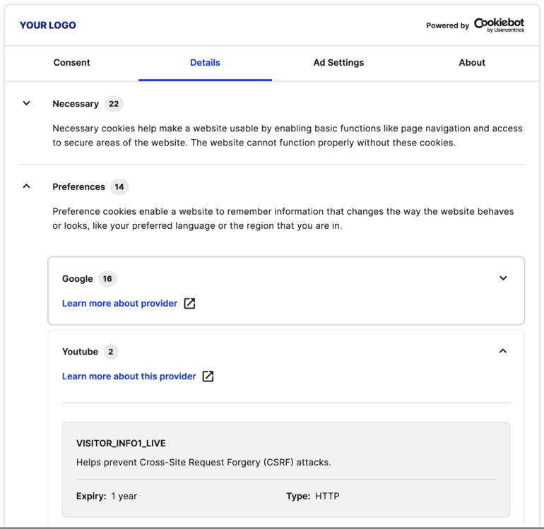 Screenshot of the Cookiebot GDPR cookie consent solution - Cookiebot