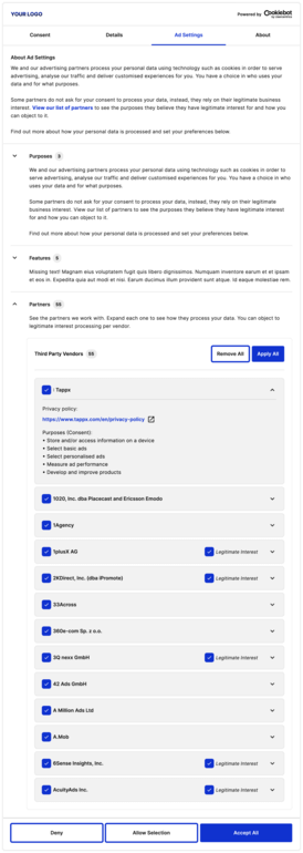 Screenshot of Cookiebot CMP with IAB TCF 2.02 integration. - Cookiebot