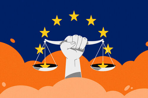 Illustration of a hand holding up scales with the European Union stars - Cookiebot