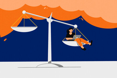 Illustration of a women on a laptop sitting in justice scales - Cookiebot