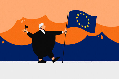 Illustration of a judge walking holding a European Union flag - Cookiebot