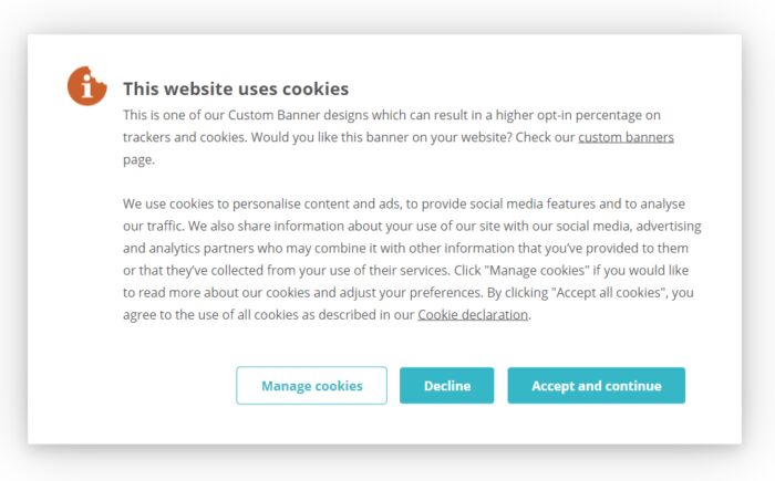 Screenshot of a NOYB cookie banner from by CookieInfo - Cookiebot