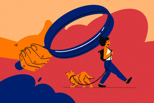 Illustration of a women walking a dog with a hand holding a magnifying glass over them - Cookiebot