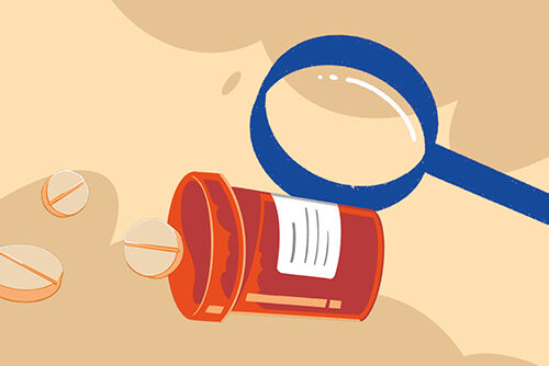 Illustration of magnifying glass over a bottle of medication - Cookiebot