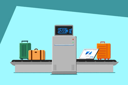 Illustation of a baggage scanner with bags and a laptop being scanned - Cookiebot